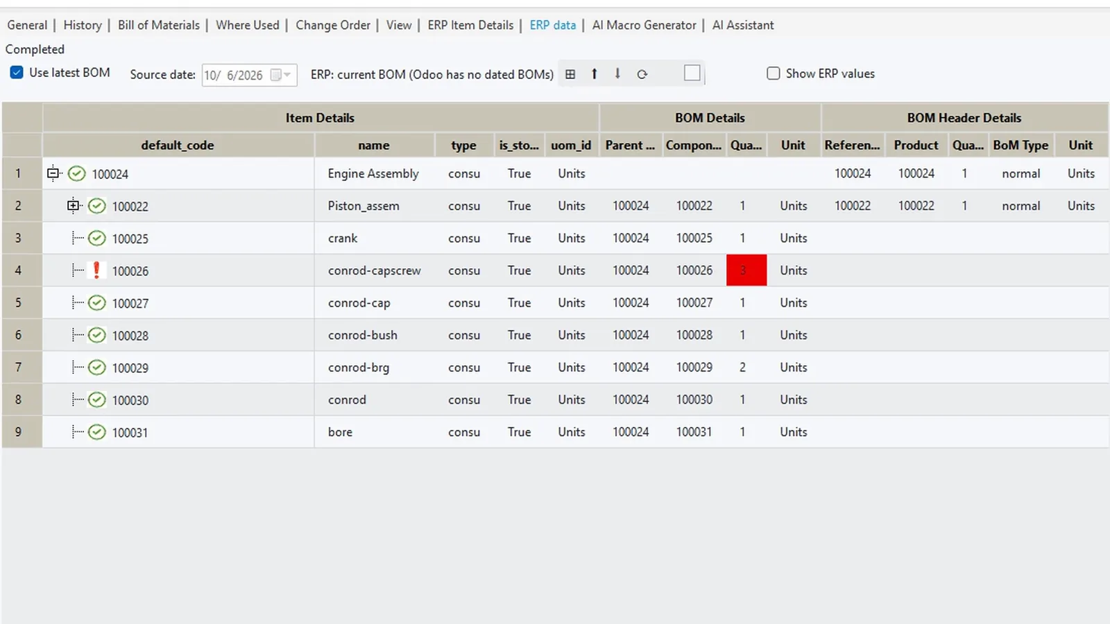 ERP Data tab in Autodesk Vault comparing Vault and Odoo line by line, the changed quantity of the cap screw marked red