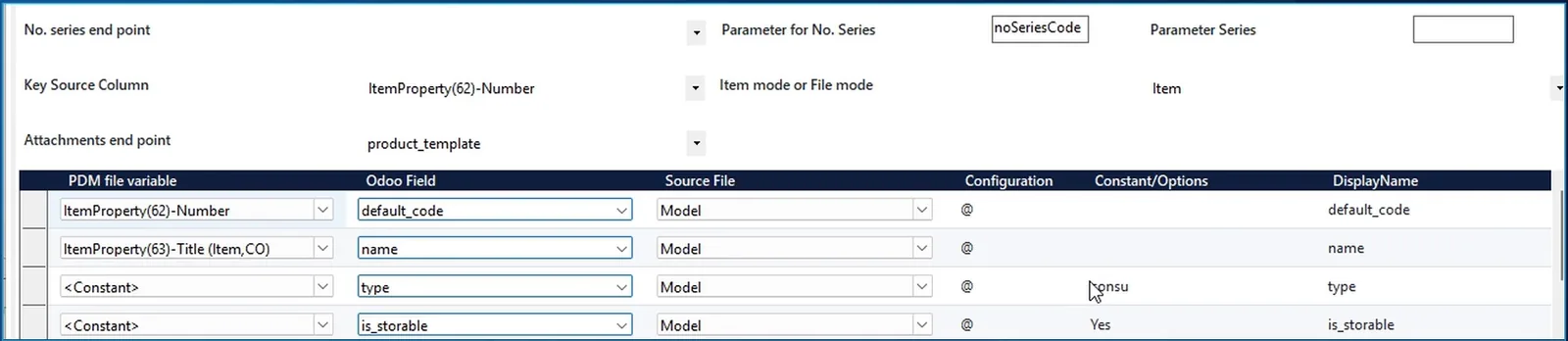 Odoo settings in AV2ERP: Vault number to default_code, title to name, and constants for type and is_storable