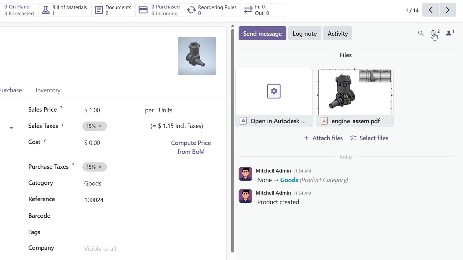 Odoo product form for the engine assembly with its picture, and under Files the link Open in Autodesk Vault and the drawing engine_assem.pdf