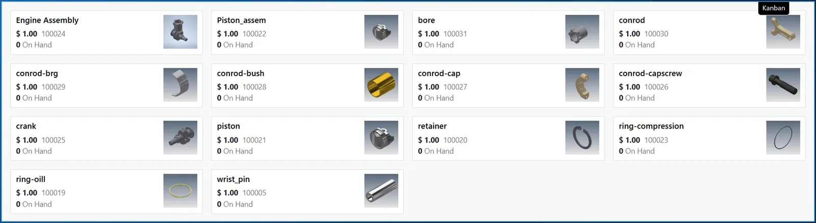 Odoo products sent from Autodesk Vault, each with the Vault thumbnail as its picture