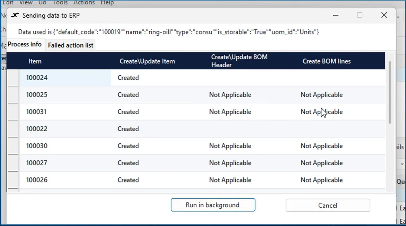 AV2ERP send dialog for Odoo: items Created, BOM header Created and BOM lines Created\Updated for the engine assembly
