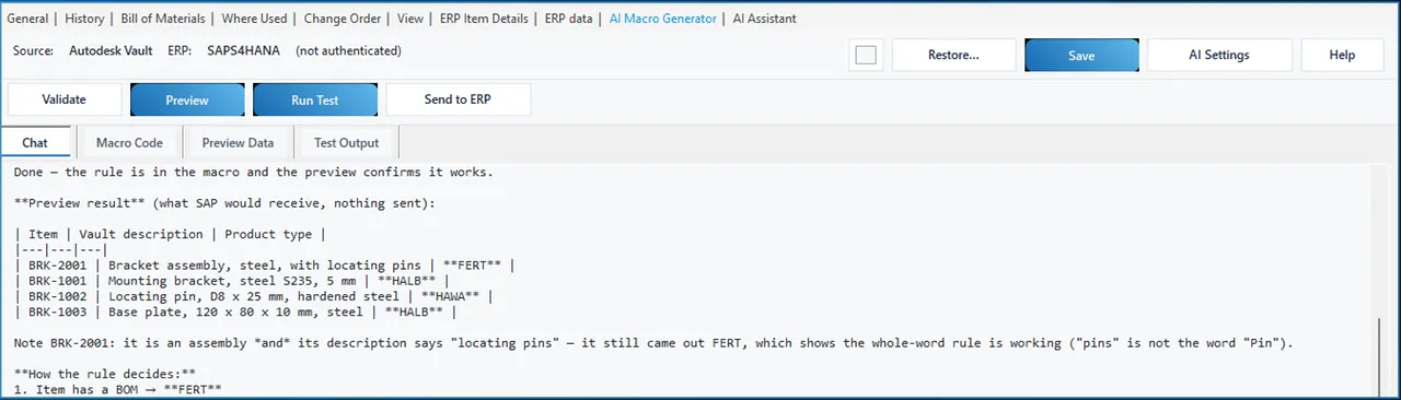 AI Macro Generator in Vault showing the preview result of a product type rule: FERT, HALB and HAWA per item, nothing sent