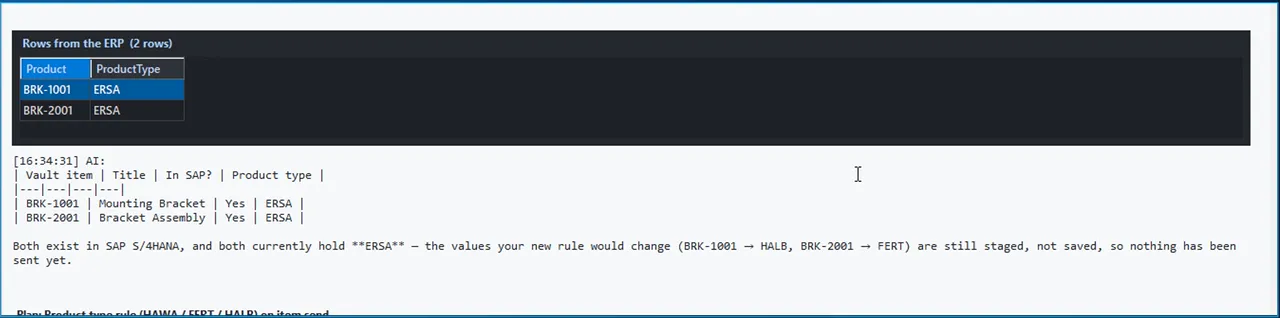 AI chat in Vault listing Vault items with Bracket in the title, whether they exist in SAP S/4HANA and their current product type