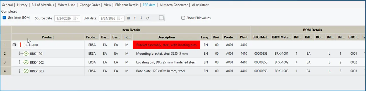 ERP Data tab in Autodesk Vault comparing Vault and SAP S/4HANA line by line, with the too-long assembly description marked red