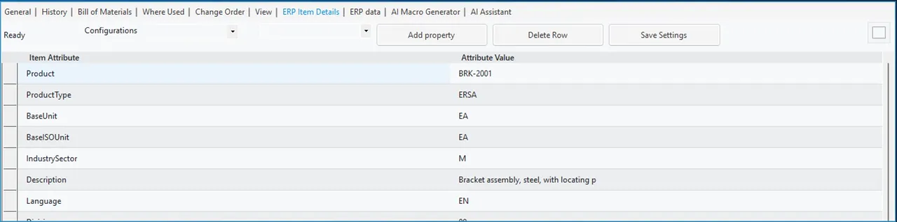 ERP Item Details tab in Autodesk Vault showing SAP S/4HANA product BRK-2001 with product type, base unit and description