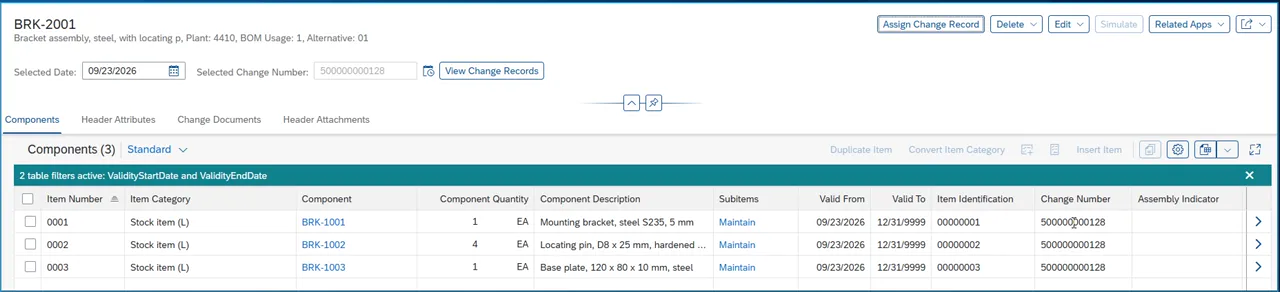 SAP S/4HANA material BOM BRK-2001, plant 4410, with three stock items, their quantities and change number