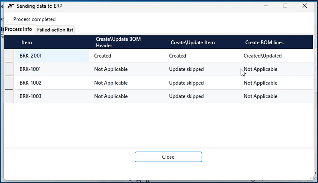 AV2ERP send dialog for SAP S/4HANA: BOM header and lines created for BRK-2001, components reported as Update skipped