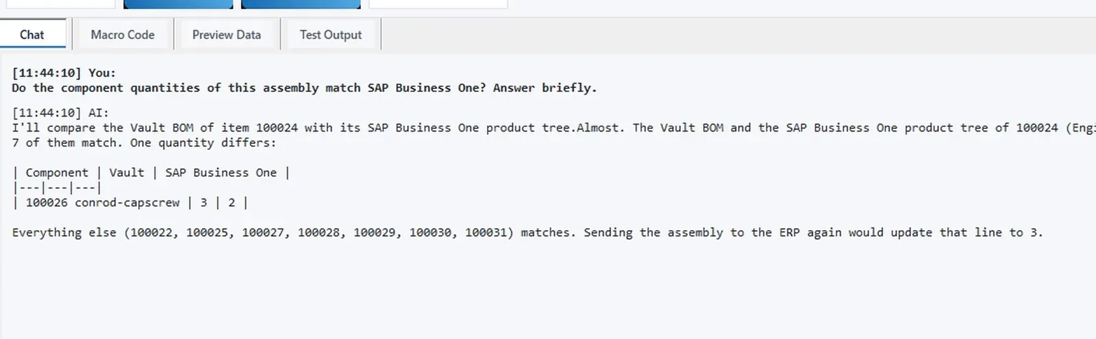 AI chat in Vault answering whether the component quantities match SAP Business One: seven match, the cap screw is 3 in Vault and 2 in SAP Business One