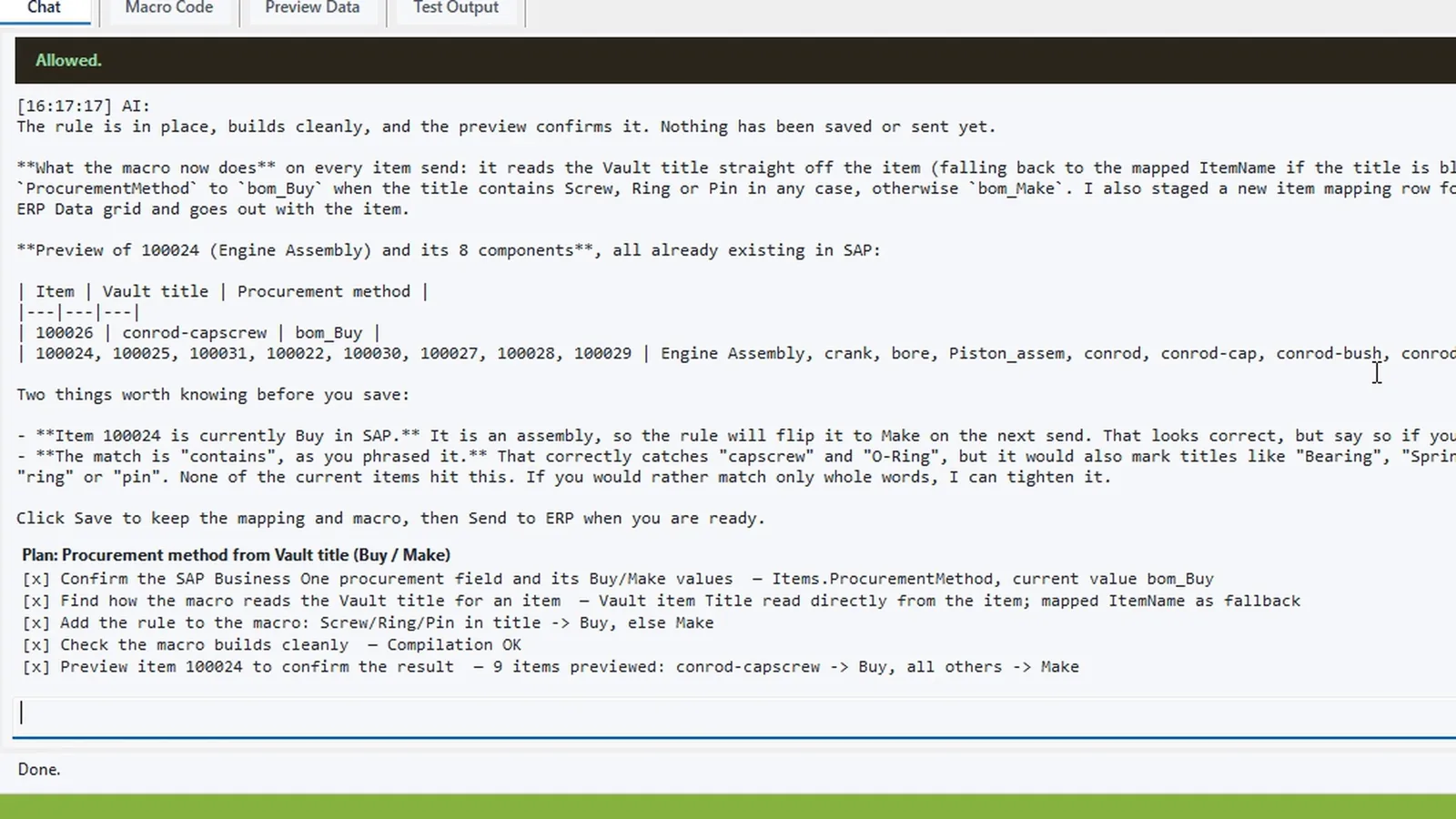 AI Macro Generator preview: a Buy/Make rule for SAP Business One previewed per item before anything is sent