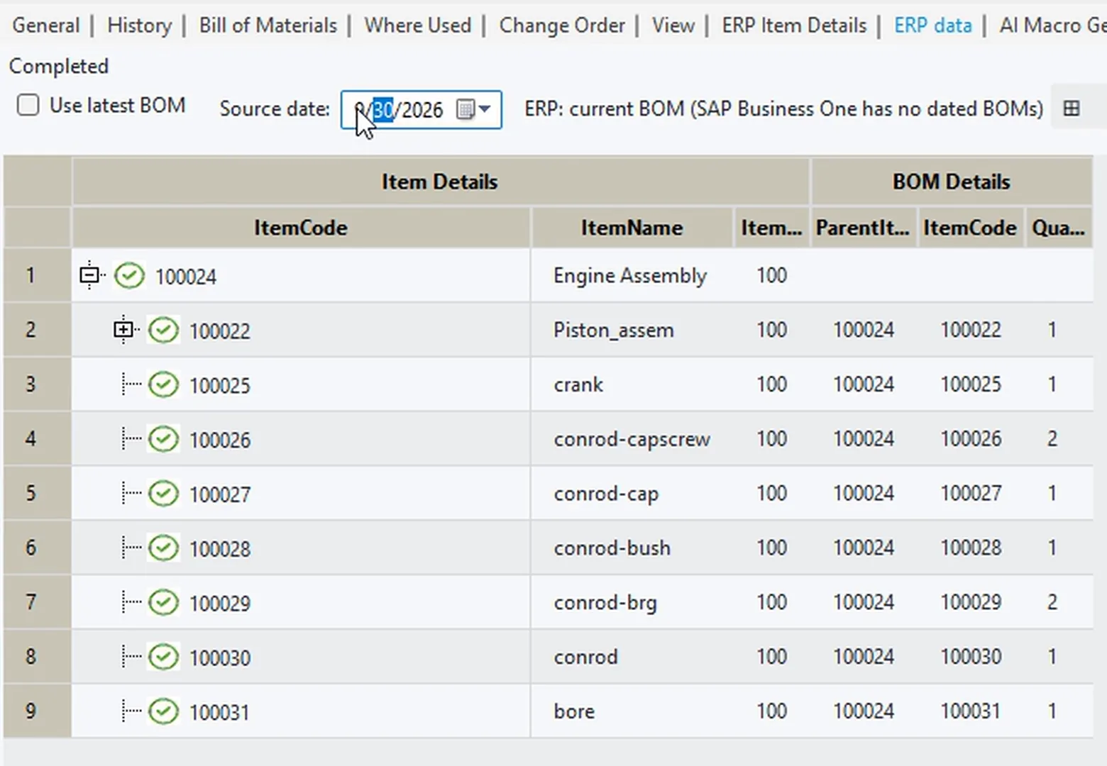 ERP Data tab with Use latest BOM off and a source date of 30 September: every line green, with the note that SAP Business One has no dated BOMs