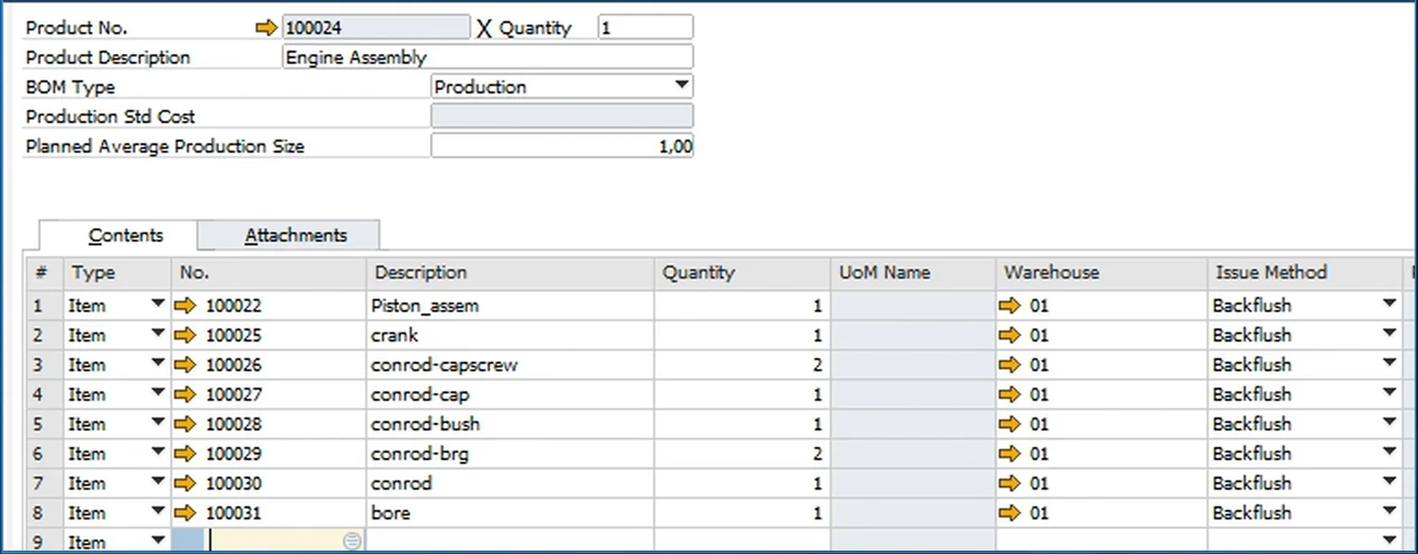 SAP Business One bill of materials for 100024 Engine Assembly, BOM type Production, with eight component lines and their quantities