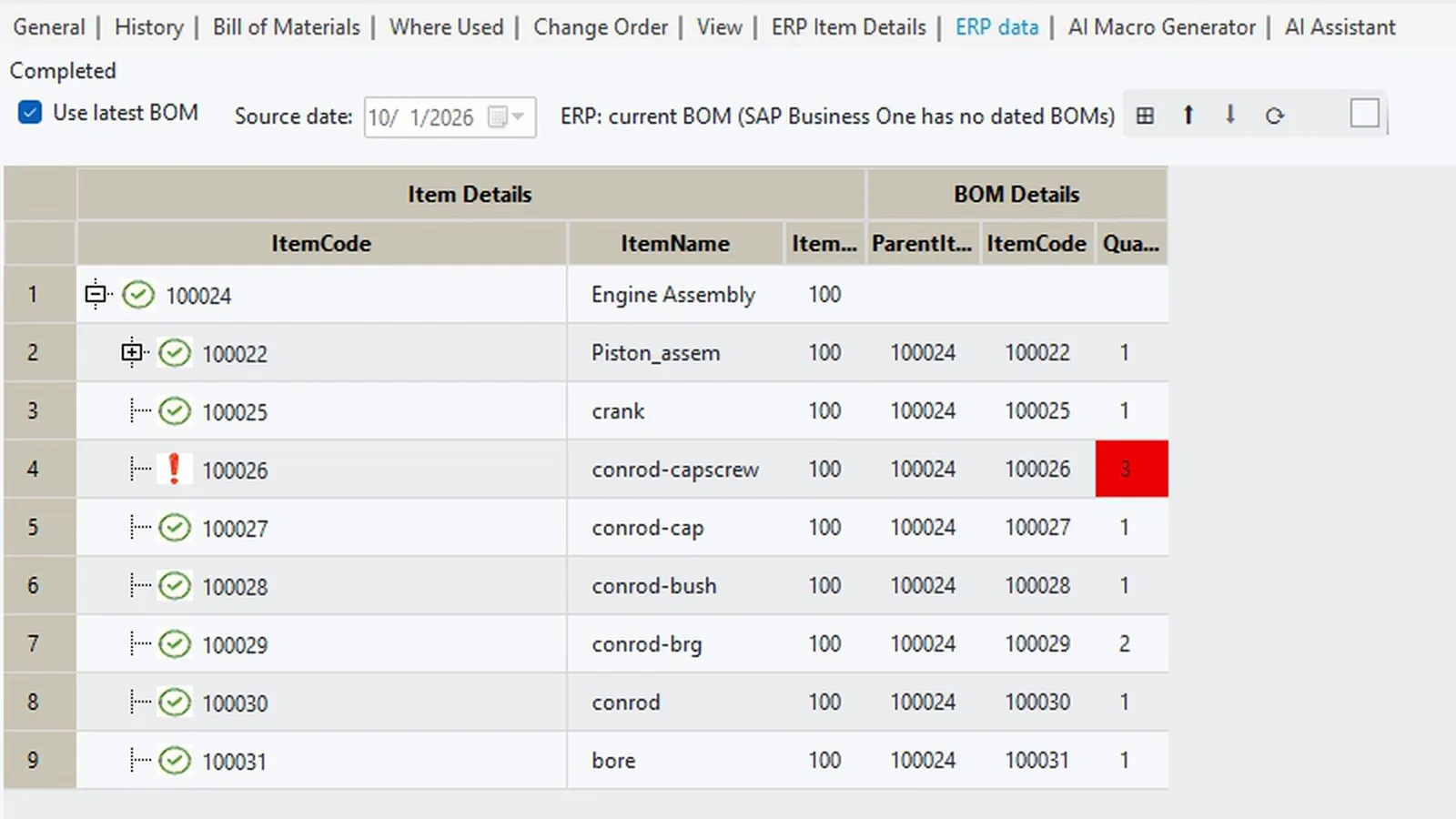 ERP Data tab in Autodesk Vault comparing Vault and SAP Business One line by line, the changed quantity of the cap screw marked red
