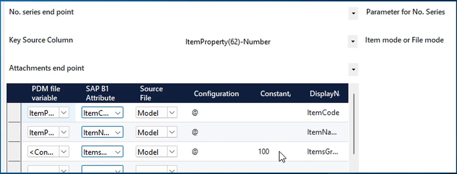 SAP Business One settings in AV2ERP: Vault properties mapped to ItemCode and ItemName, and a constant 100 for ItemsGroupCode