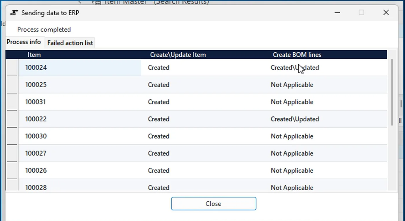 AV2ERP send dialog for SAP Business One: every item of the engine assembly Created, the bill of materials lines Created\Updated